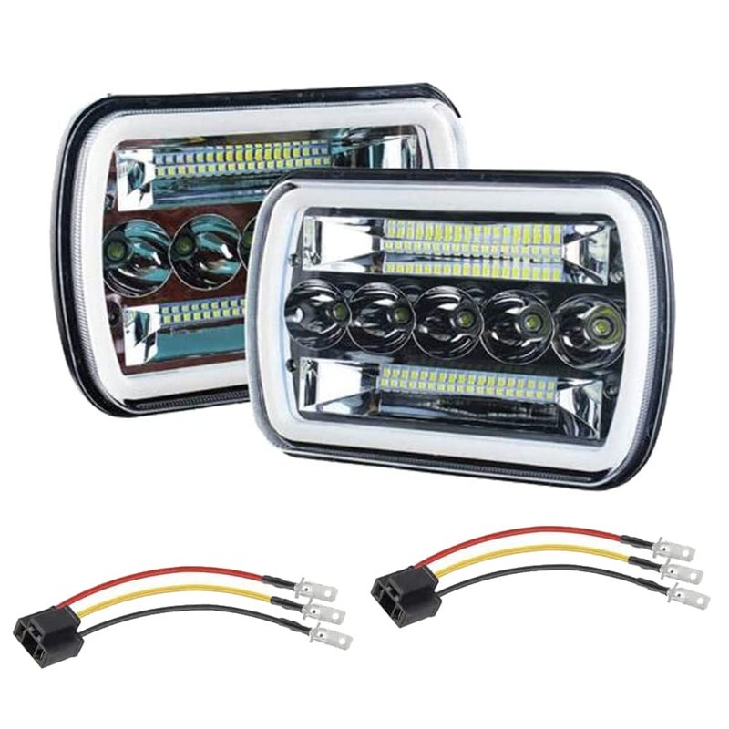 AMUNIESUN Super Bright Pair 7x6 5x7 Headlights 6052 6054 H5054 H6054 Hi/Low Sealed Beam White/Amber Halo Compatible With Ford E250 E350 E450 E150 F550 F600 F650 F700 F750 GMC Savana Chevy Express - Image 1